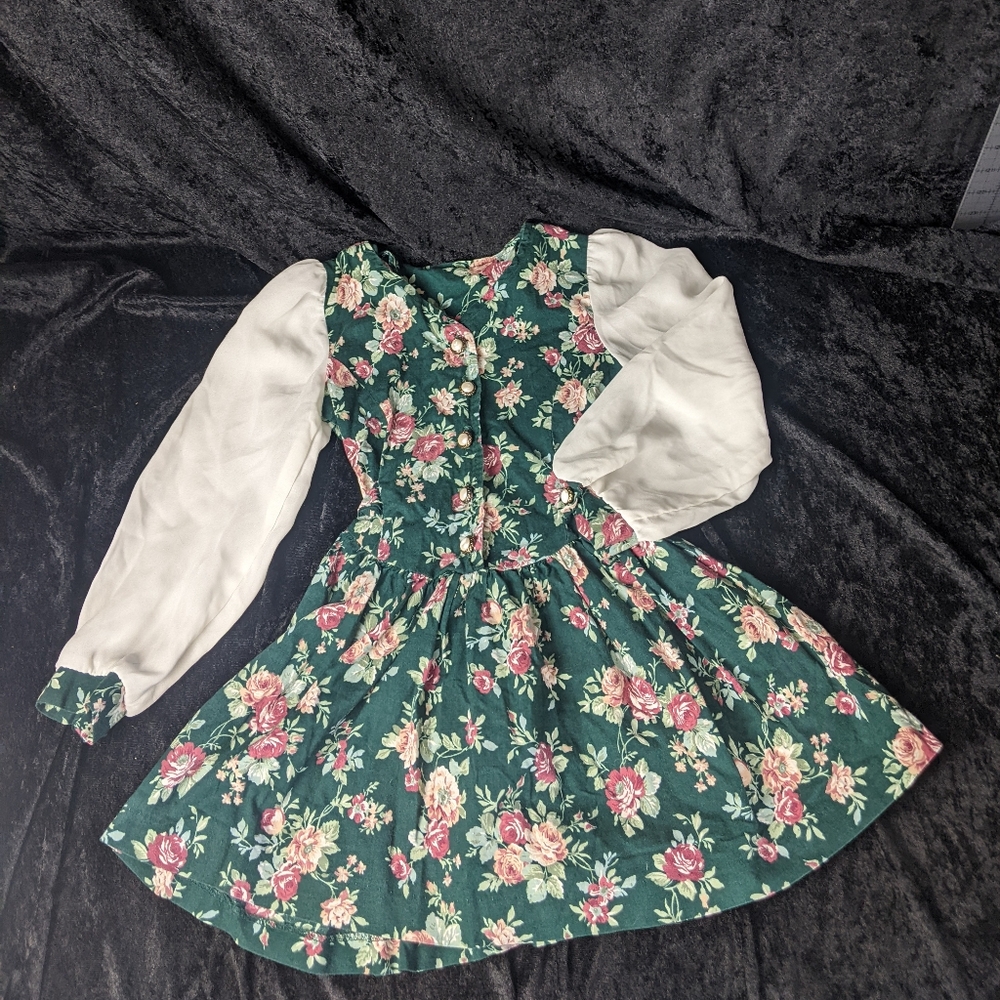 90's swat green & pink floral tie back button down sleeved Dress USA made